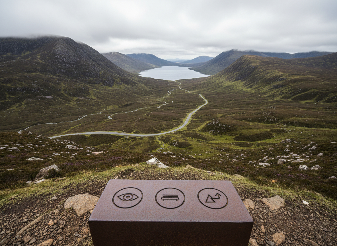 A dramatic photographic view from a high vantage point atop a Scottish highland ridge, looking down over a winding single-track road, a deep glen, and a distant loch framed by rugged, heather-covered slopes. In the immediate foreground, a robust, weatherproof metal tour marker stands firmly in the rocky ground, featuring simple engraved icons for viewpoints, rest stops, and route difficulty, avoiding any text. Soft, diffused overcast light enhances the rich greens and earthy browns, while low clouds brush the peaks, adding atmosphere and depth. Captured with wide-angle perspective and sharp focus from foreground to horizon, the image conveys a sense of expertly guided adventure in wild landscapes, while maintaining a composed, professional mood.