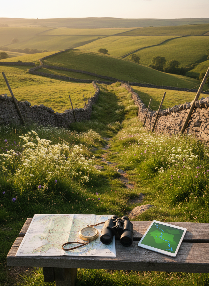 A panoramic photographic scene of a classic British countryside walking trail winding through vibrant green rolling hills, low dry-stone walls, and clusters of wildflowers in soft whites and purples. In the foreground, a neatly arranged assortment of professional guiding equipment rests on a weathered wooden bench: a folded topographic map of Great Britain, a high-quality compass, a sturdy pair of binoculars, and a slim digital tablet showing a stylized tour route. Late afternoon golden-hour sunlight casts warm, elongated shadows and gently illuminates the textures of grass, stone, and wood. Captured from a slightly elevated angle with sharp focus throughout, the image conveys a calm, organized, and trustworthy atmosphere, ideal for a guided tours website.