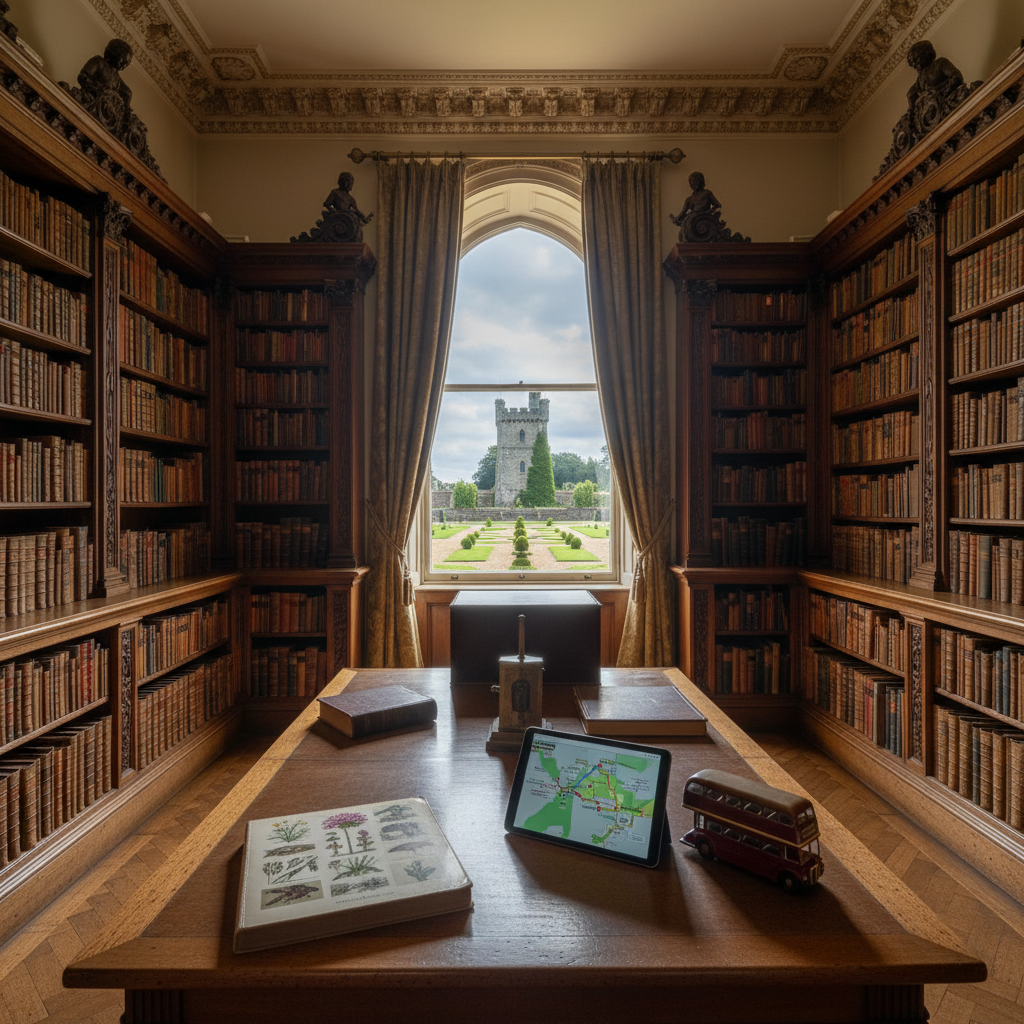 A rich photographic interior of a historic British manor library, with tall dark-wood bookshelves, intricate crown molding, and a large arched window overlooking manicured gardens and a distant stone tower. In the center, a polished antique table holds a neatly arranged collection of guiding tools: a leather-bound field guide, a slim tablet displaying a schematic of a guided tour plan, and a small brass model of a tour bus. Late-morning light filters through the window, casting refined, dappled patterns on the table and floor, while soft shadows emphasize architectural details. Captured from an eye-level perspective with a moderate depth of field, the image exudes professionalism, heritage, and quiet authority, ideal for presenting specialized historic tours across Britain.