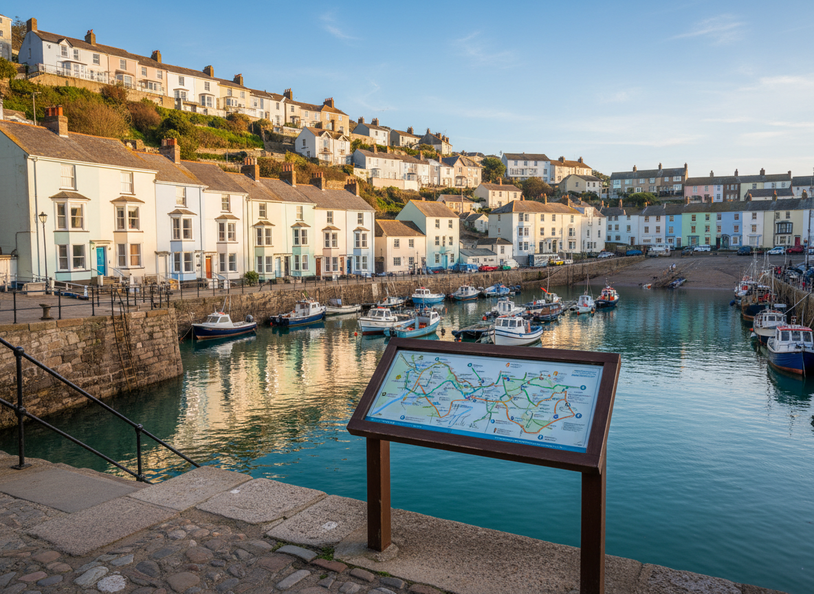 A crisp photographic scene of a coastal British town, with pastel-painted terraced houses climbing a hillside above a small harbor filled with neatly moored boats. In the foreground on a stone quay, a detailed, weather-resistant tour information stand displays a clear, illustrated map of local walking and boat tour routes, color-coded and icon-based instead of textual. Bright but gentle mid-morning sunlight illuminates the facades, creating lively reflections on the water and clean shadows along steps and railings. Shot from a slightly elevated angle to emphasize both the town and the information stand, the composition feels inviting, organized, and friendly, perfectly suited to showcasing guided coastal and seaside excursions around the UK.