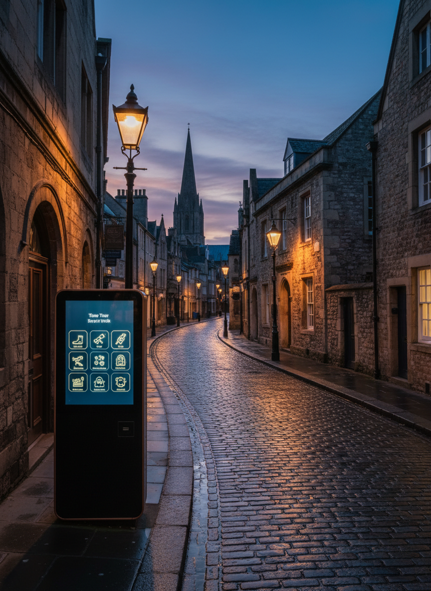 A twilight photographic scene along a cobbled street in a historic British cathedral city, where warm amber light spills from classic lampposts onto centuries-old stone facades and arched doorways. In the foreground, a compact, mobile tour kiosk with a matte black finish and subtle metallic trim stands neatly to one side, its large digital display showing a clean, icon-based schedule of evening tour options without any legible text. The cool blue of the deepening sky contrasts with the warm street lighting, creating a sophisticated, inviting ambiance. Shot at street level with a gentle leading line formed by the cobbles, the composition feels elegant, safe, and well-organized, ideal for promoting curated night and city-walk tours across Britain.