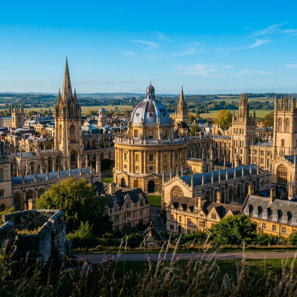 Oxford University buildings with illuminated windows and spires under a colorful dusk sky