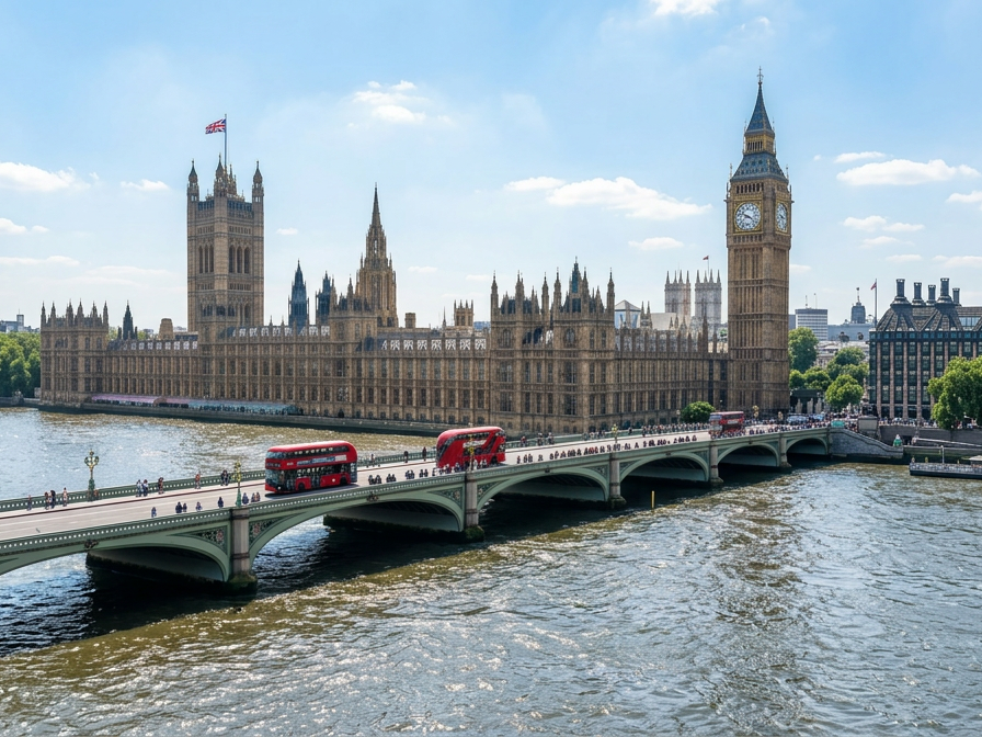 Big Ben clock tower and Houses of Parliament lit up at sunset with traffic on Westminster Bridge