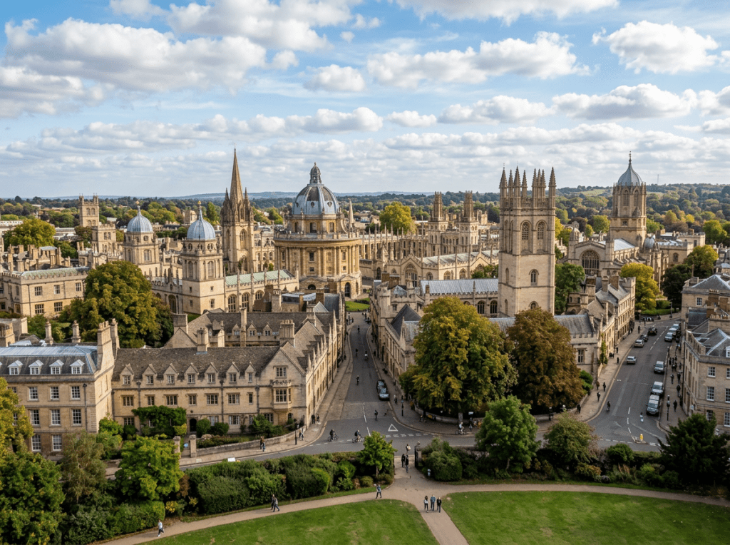 Panoramic view of historic Oxford University buildings with domes and spires