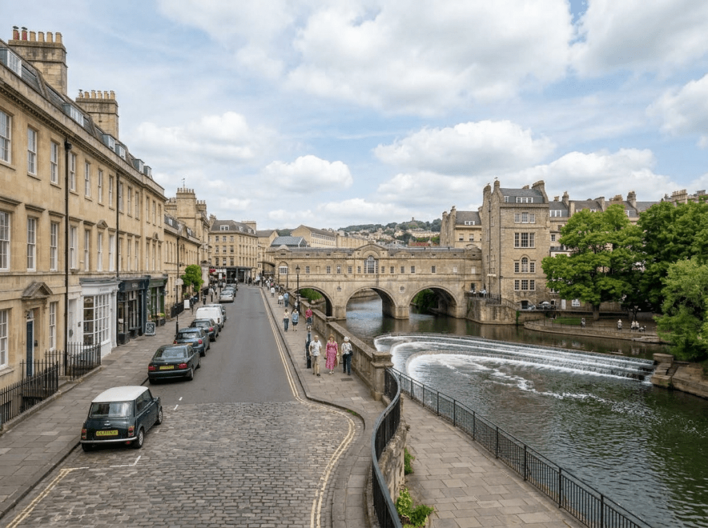 Aerial view of the Royal Crescent and Bath Abbey with surrounding Georgian buildings and green lawns